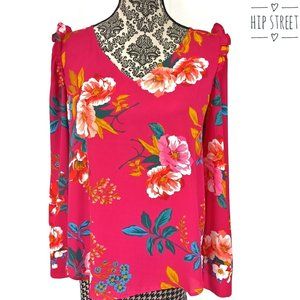 LOFT Blouse LS V Neck Ruffle Shoulder Poly Crepe Floral Top S NWT
